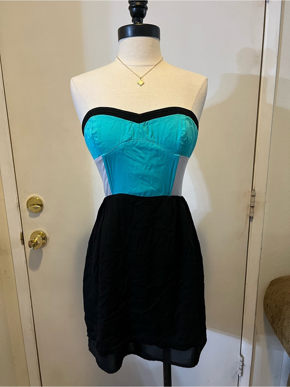 Sparkle & Fade Strapless Teal and Black Fit-and-Flare Dress